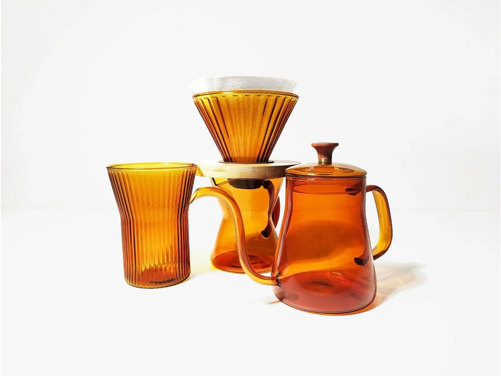 coffee equipments, hand drip coffee set, pour over set, amber pour over coffee set, stylish hand drop coffee set, pour kettle, amber pour kettle, v60 filter, filter, amber filter, carafe, amber carafe, glass, drinkware, amber drinkware AmBarista Hand Drip Coffee Set | Glass Pour Over Set | Woozy Alpaca